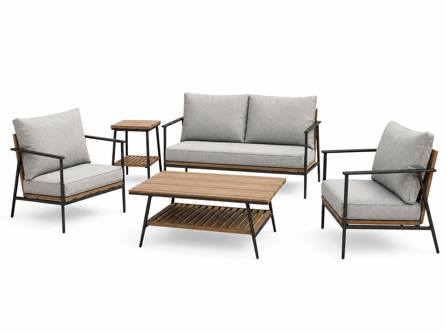 GARTENMÖBEL-SET mit 1 2-Sitzer-Sofa. 2 Einzelstühlen. 1 Couchtisch und 1 Beistelltisch. Schwarz. Grau und Eiche natur - Schwarz/Naturfarben, Metall - Home Collective