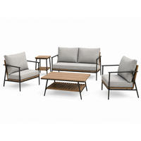 GARTENMÖBEL-SET mit 1 2-Sitzer-Sofa. 2 Einzelstühlen. 1 Couchtisch und 1 Beistelltisch. Schwarz. Grau und Eiche natur - Schwarz/Naturfarben, Metall - Home Collective