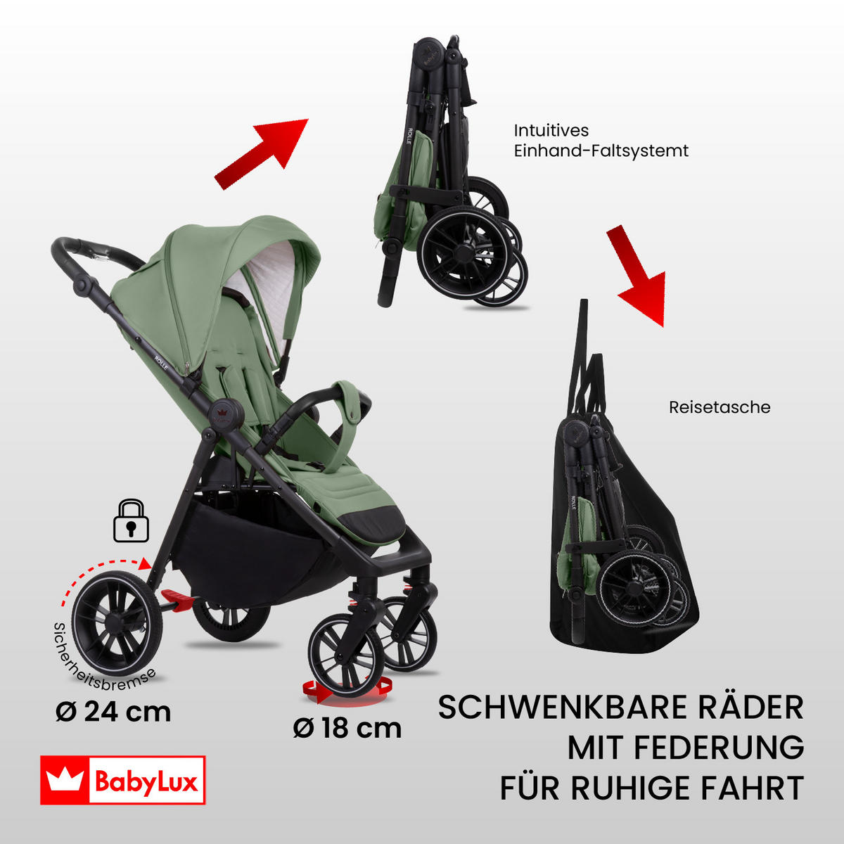 BUGGY Rolle, Klein und Leicht, Teleskopische Führung, Kompakt Faltbar, Wickeltasche, Reisetasche - Jadegrün/Schwarz, Textil/Metall (58/99cm) - BabyLux