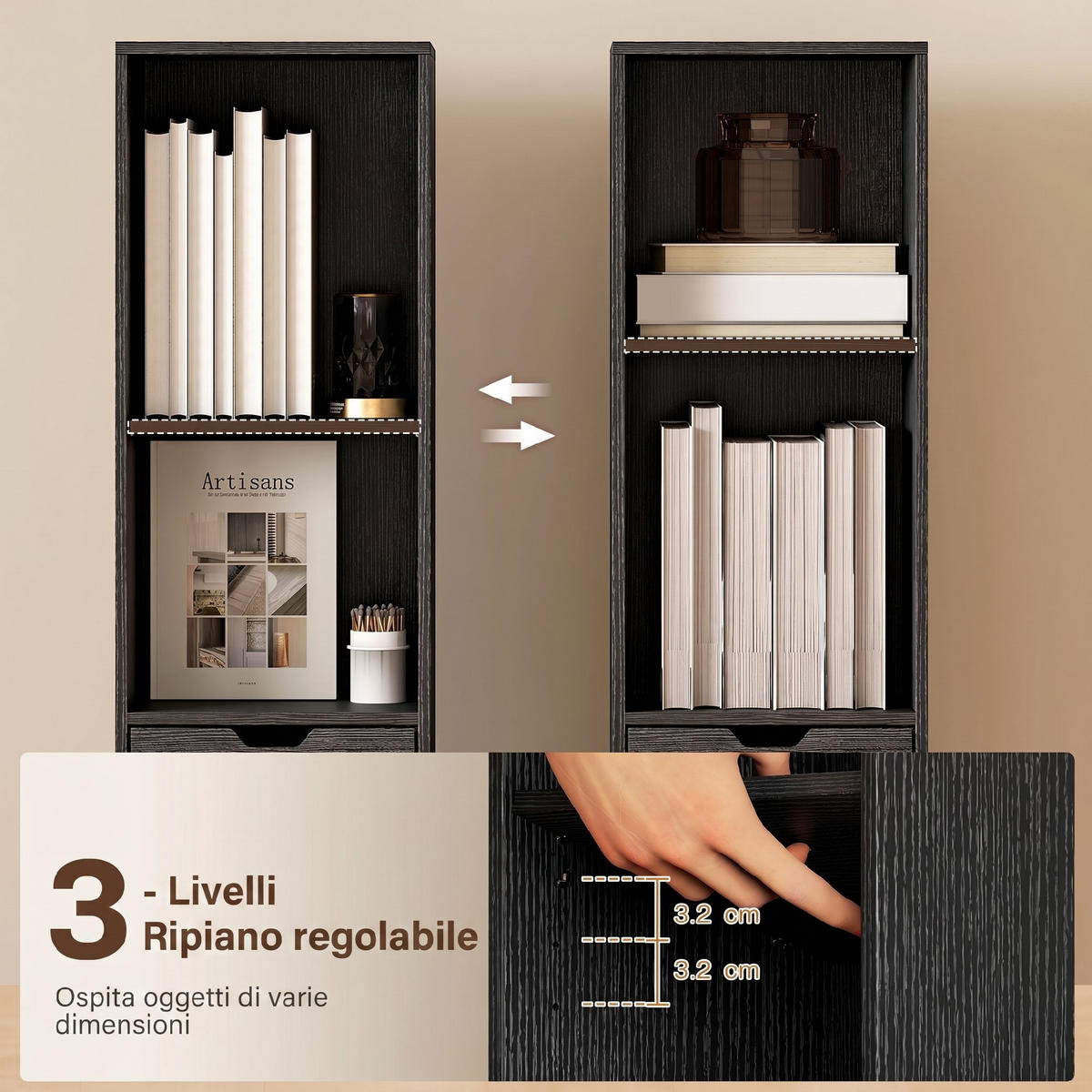 BÜCHERREGAL,4 Ablagen Schrank Schublade 30x24x158cm,schwarz - Schwarz, Holzwerkstoff (30/158/24cm) - Vallsero
