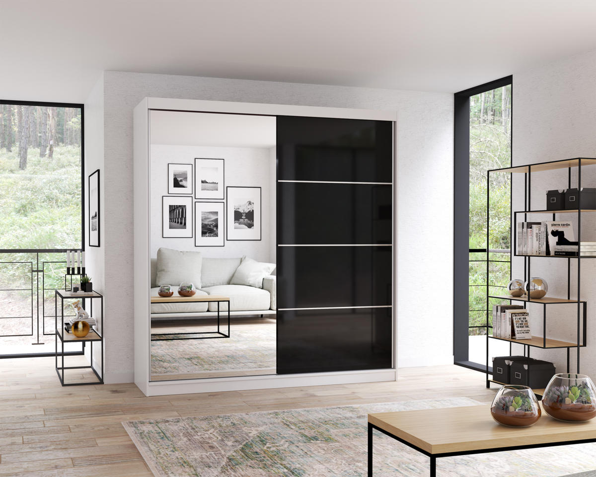 SCHIEBETÜRENSCHRANK - BEN 31 203 CM (Weiß+ Schwarz) - Schwarz/Weiß, Holzwerkstoff/Metall (203/218/61cm) - Möblo