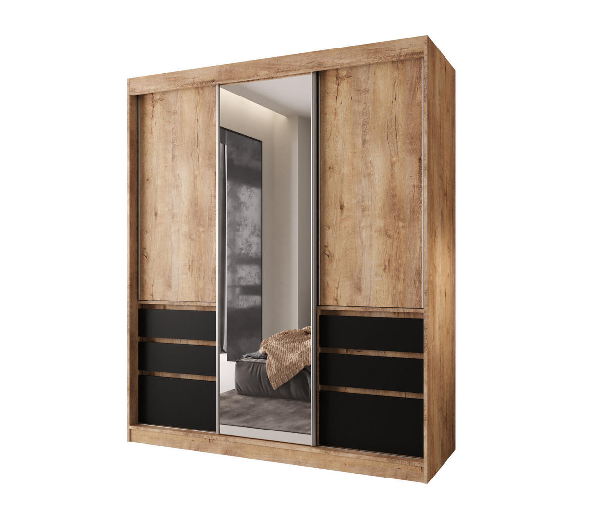 SCHIEBETÜRENSCHRANK PARMA 180, 2-türig Kleiderschrank mit 1 Spiegel, Moderne Garderobe, Schrank in Größe: 180 x 216 x 65 cm - Schwarz/Braun, Holzwerkstoff (180/216/65cm) - O-Sofa