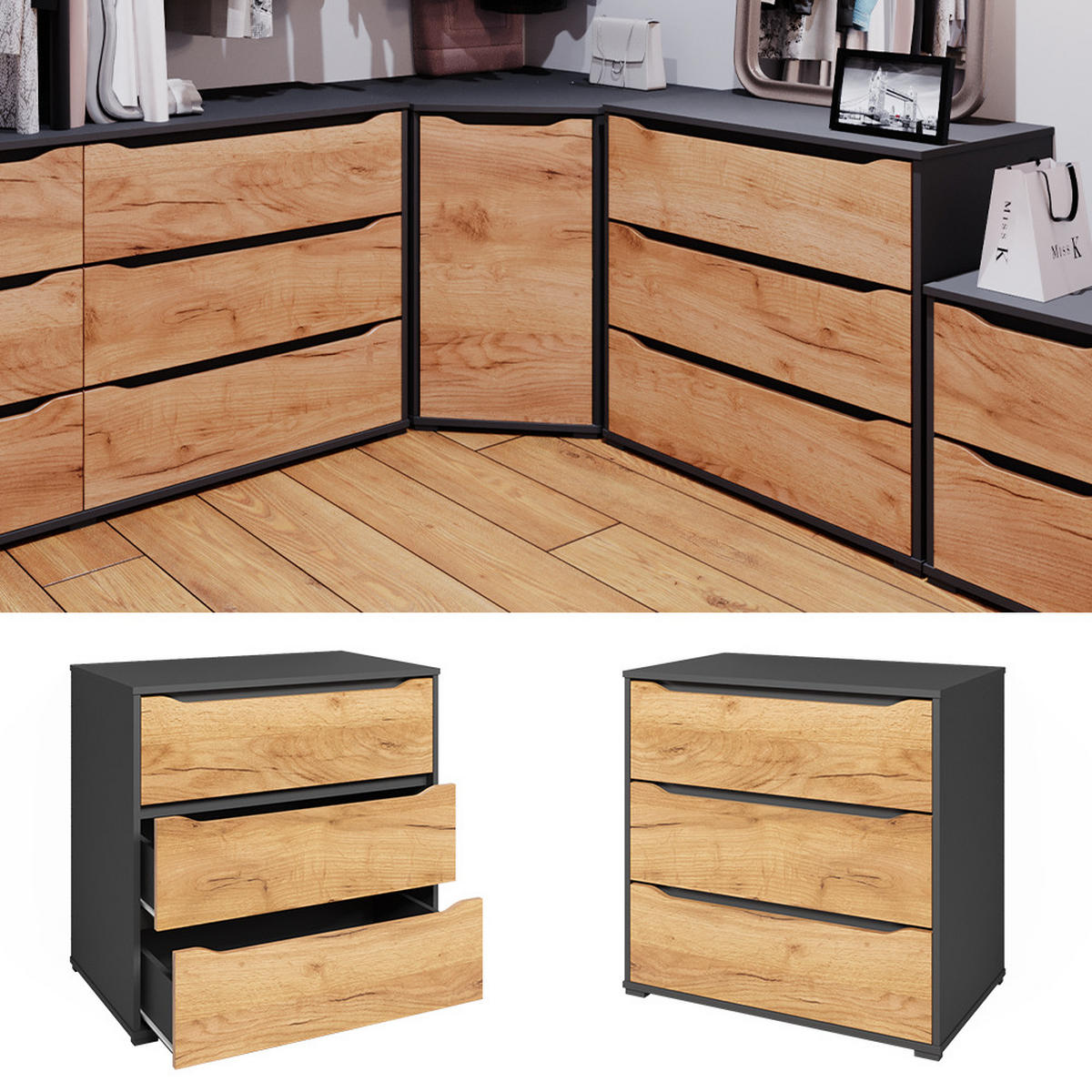 KOMMODE Ruben Goldkraft Eiche 80 x 77.6 cm mit Schubladen - Anthrazit/Eiche Wotan, Holzwerkstoff (48/77.6/80cm) - Vicco