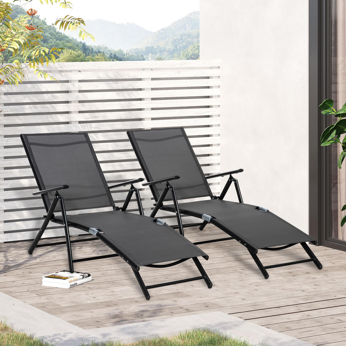 SONNENLIEGE Set mit 2 klappbaren Gartenstühlen mit verstellbarer Rückenlehne 64 x 134 x 95 cm ,Schwarz - Schwarz, Metall (134/95/64cm) - Vallsero