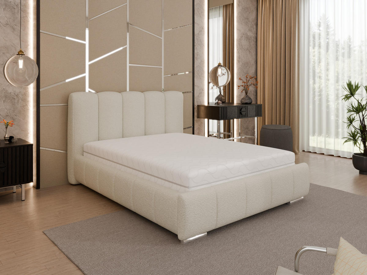 POLSTERBETT Zaira 140x200cm – Elegantes Polsterbett für modernen Wohnstil , Federkernmatratze Bonnel (18cm), creme - Creme, Holz (140/200cm) - Homesy