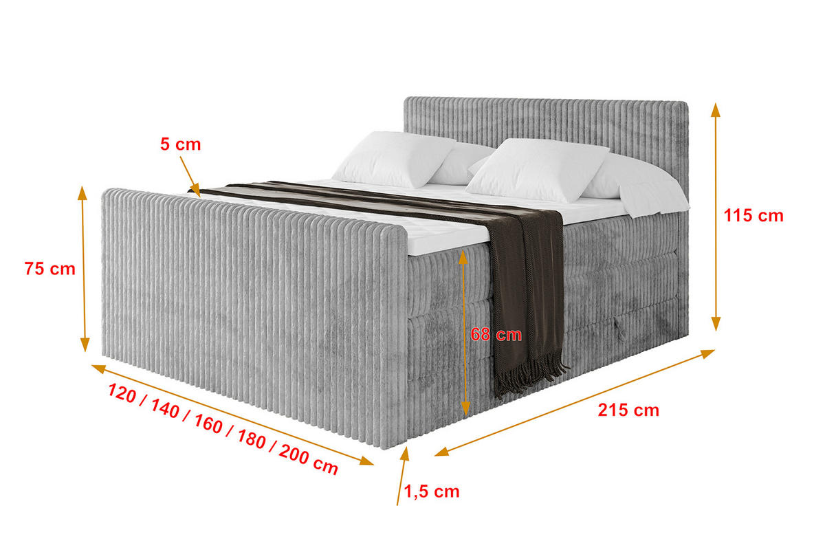 BOXSPRINGBETT mit Matratze H3|H4 und Lattenrost - TOLO-Z KING 140x200 Cord - Hellgrau - Hellgrau, Holzwerkstoff (140/200cm) - ALTDECOR
