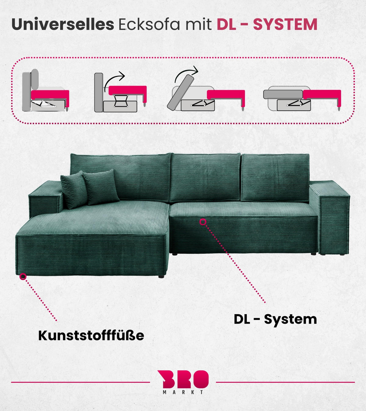 ECKSOFA Pablo mit Schlaffunktion Grün Cord - Grün, Textil (294/185cm) - Bromarkt