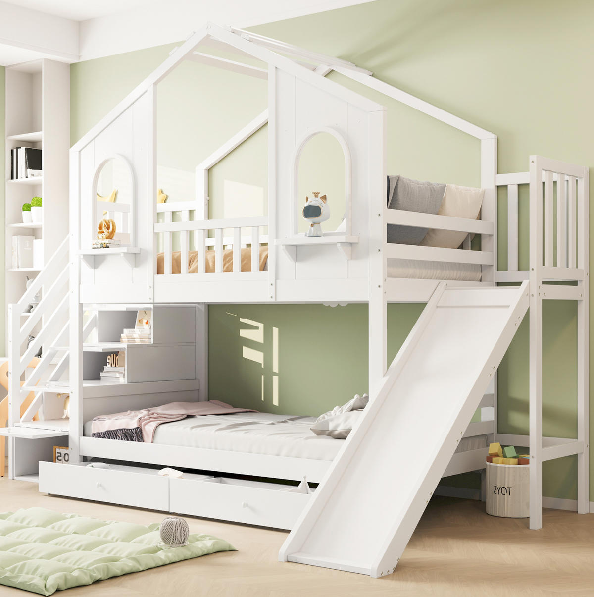 ETAGENBETT 90/200 cm in Weiß mit Rutsche, Aufbewahrungsleiter und Schubladen - Weiß, Holzwerkstoff (90/200cm) - OKMYHOME