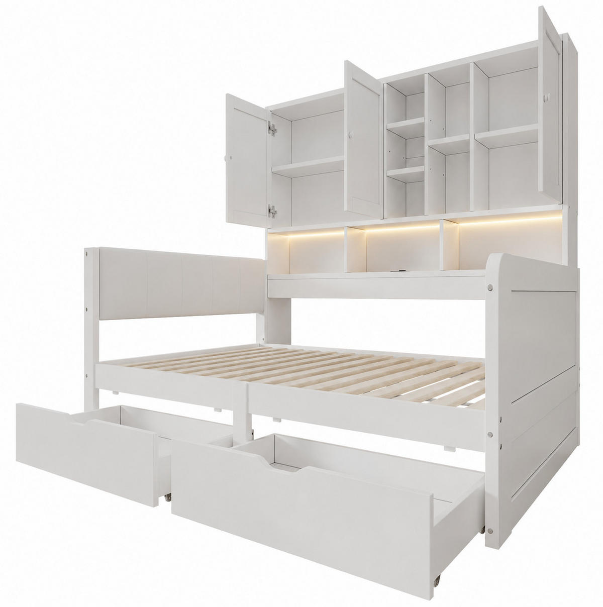 KINDERBETT aus MDF 90x200 cm Weiß mit LED-Beleuchtung, USB-C, Stauraum und PU-Kopfteil - Weiß, Holzwerkstoff (90/200cm) - Modfu