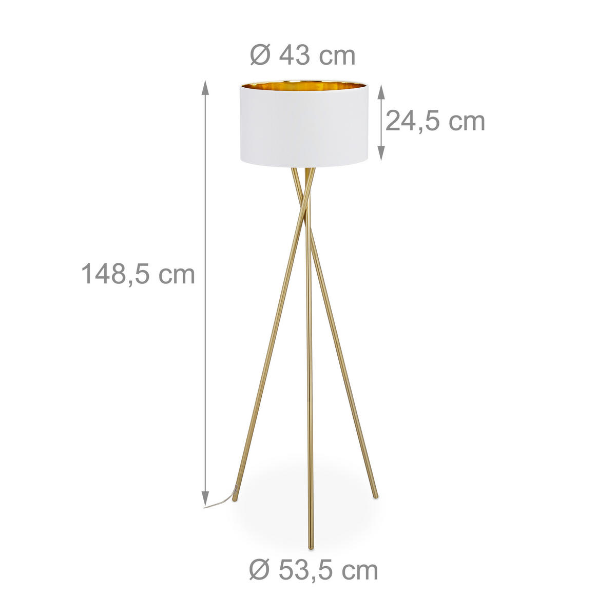 DREIBEIN-STEHLAMPE - Goldfarben, Kunststoff/Textil (53.5/53.5/148.5cm) - Relaxdays