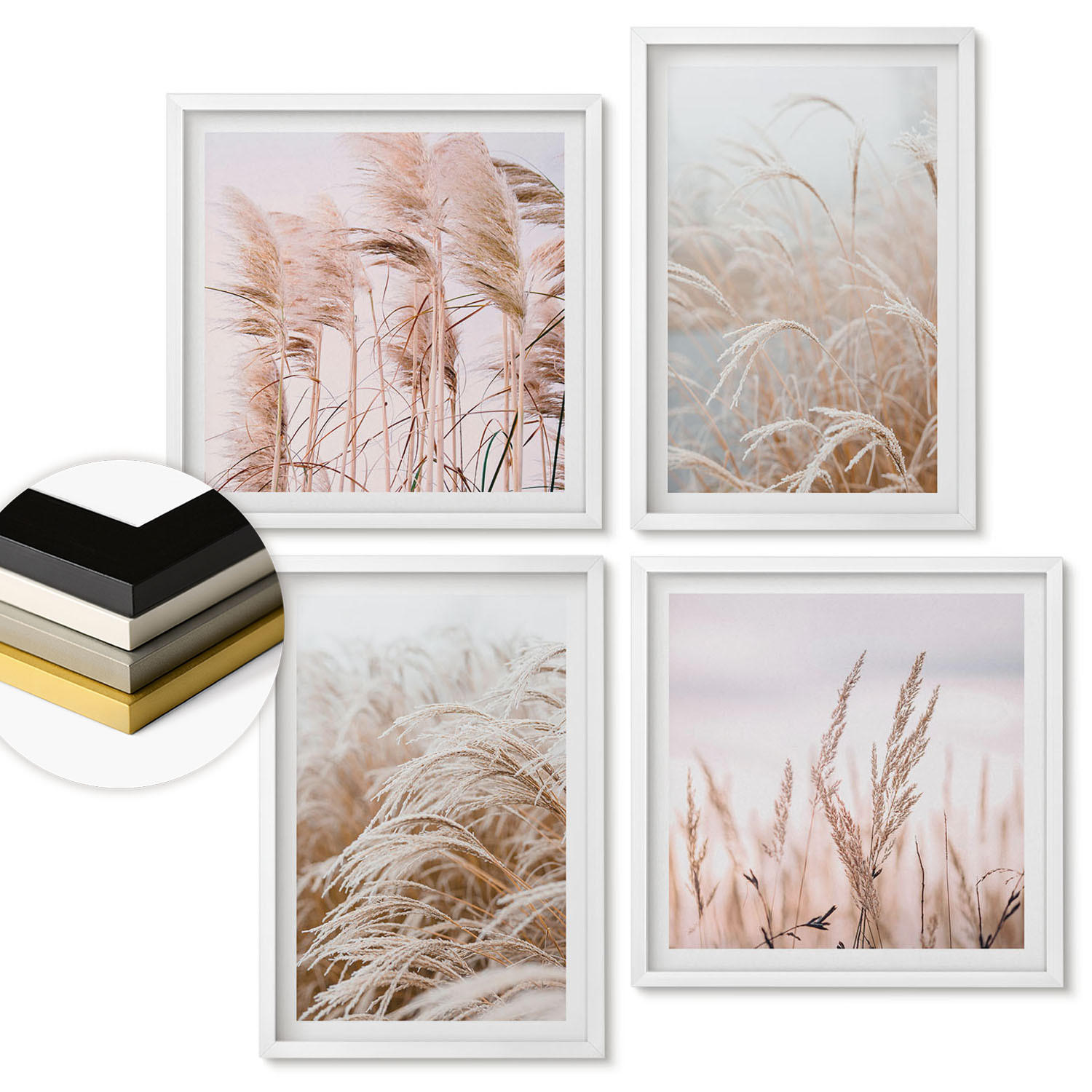 WANDBILDER 4er-Set - 50x50 cm & 40x60 cm Weißer Rahmen - Grasfelder in Braun- und Beigetönen - Weiß, Kunststoff (50/50cm) - ArtPrintCave