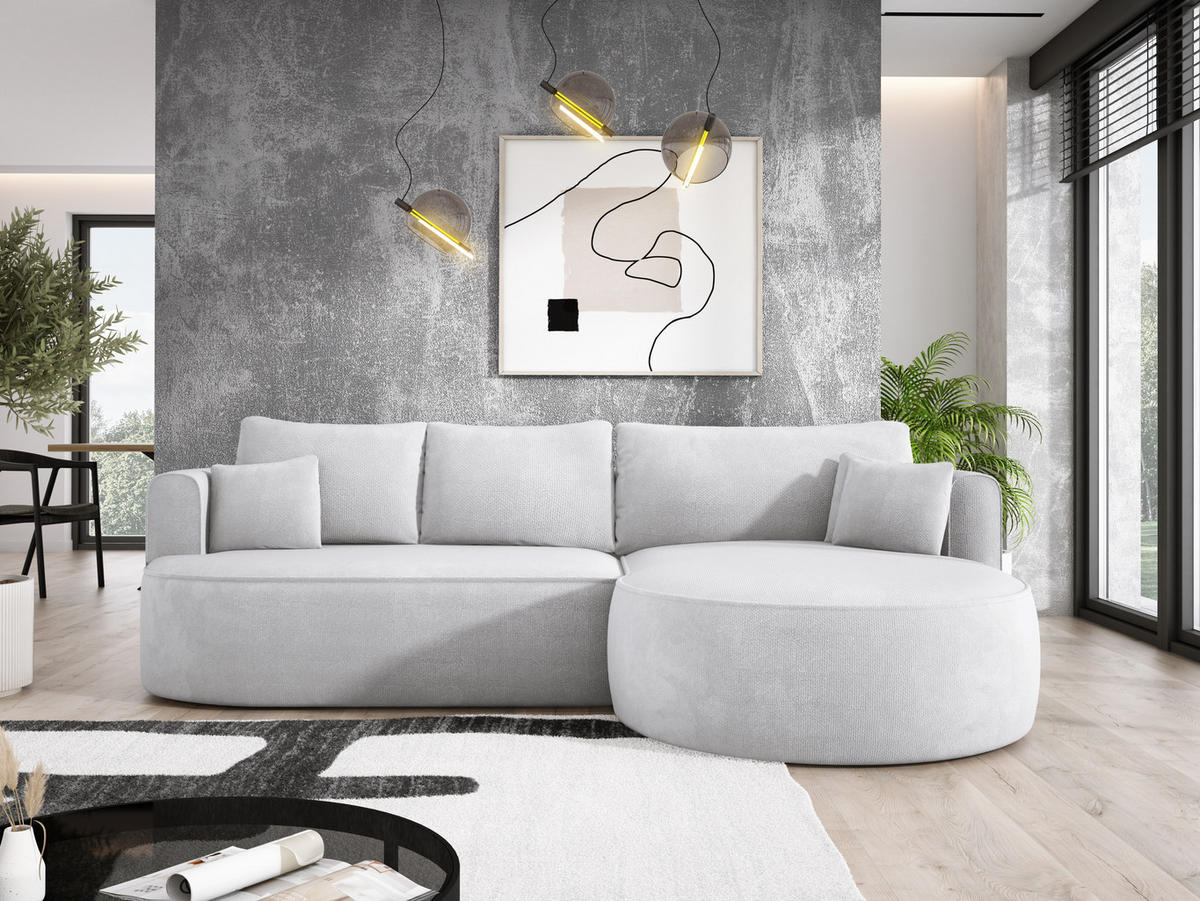 ECKSOFA FIORE-L Moderne Ausziehbare Schlaf-Funktion, automatischer Auffaltung, lose Rückenkissen freistehend RECHTS 284x183x82 cm cm White - Weiß, Holz/Textil (284/183cm) - DomoHome