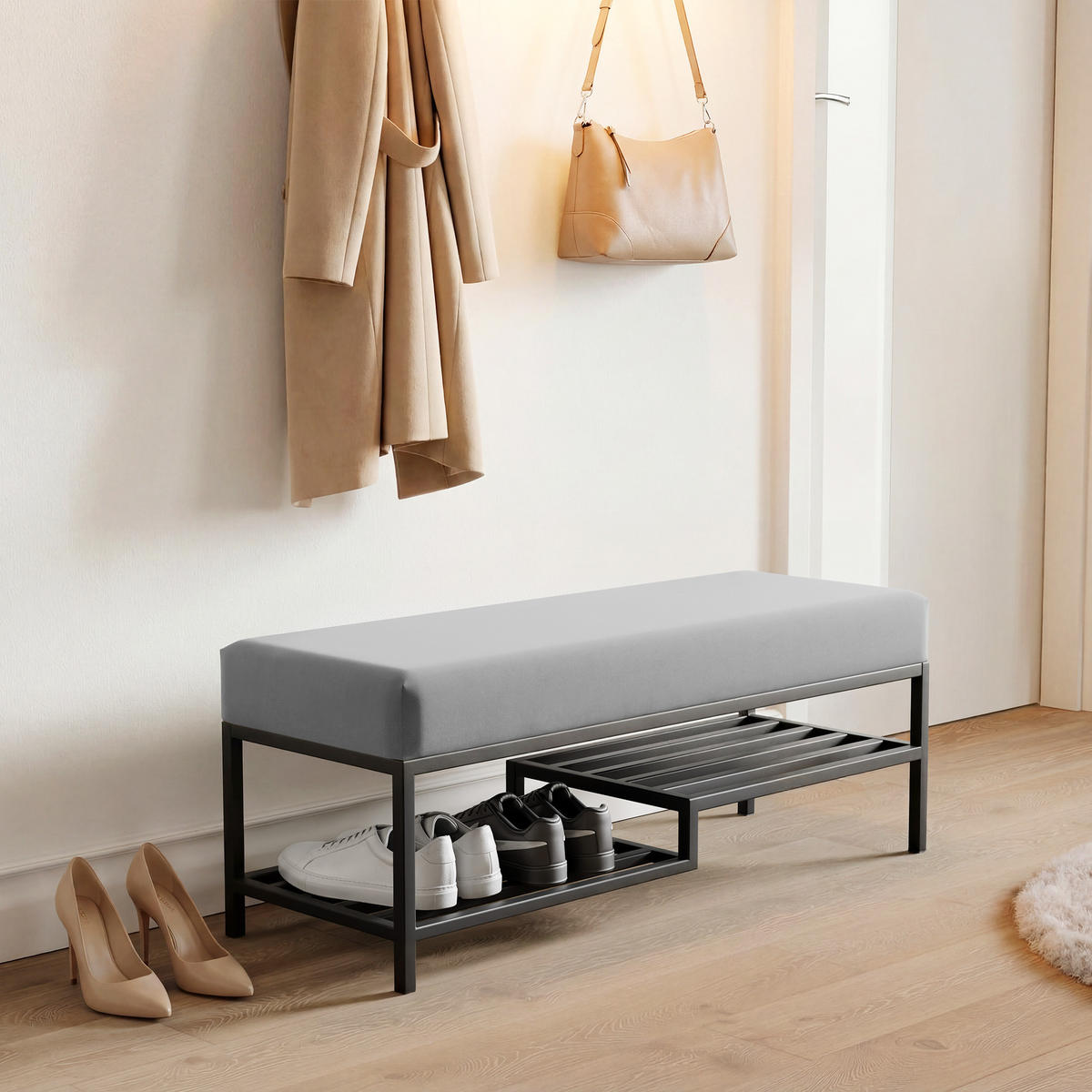 POLSTERBANK STEP 80 cm Schwarz / Grau ,Metallgestell - Grau, Metall (80/45/35cm) - Idohome