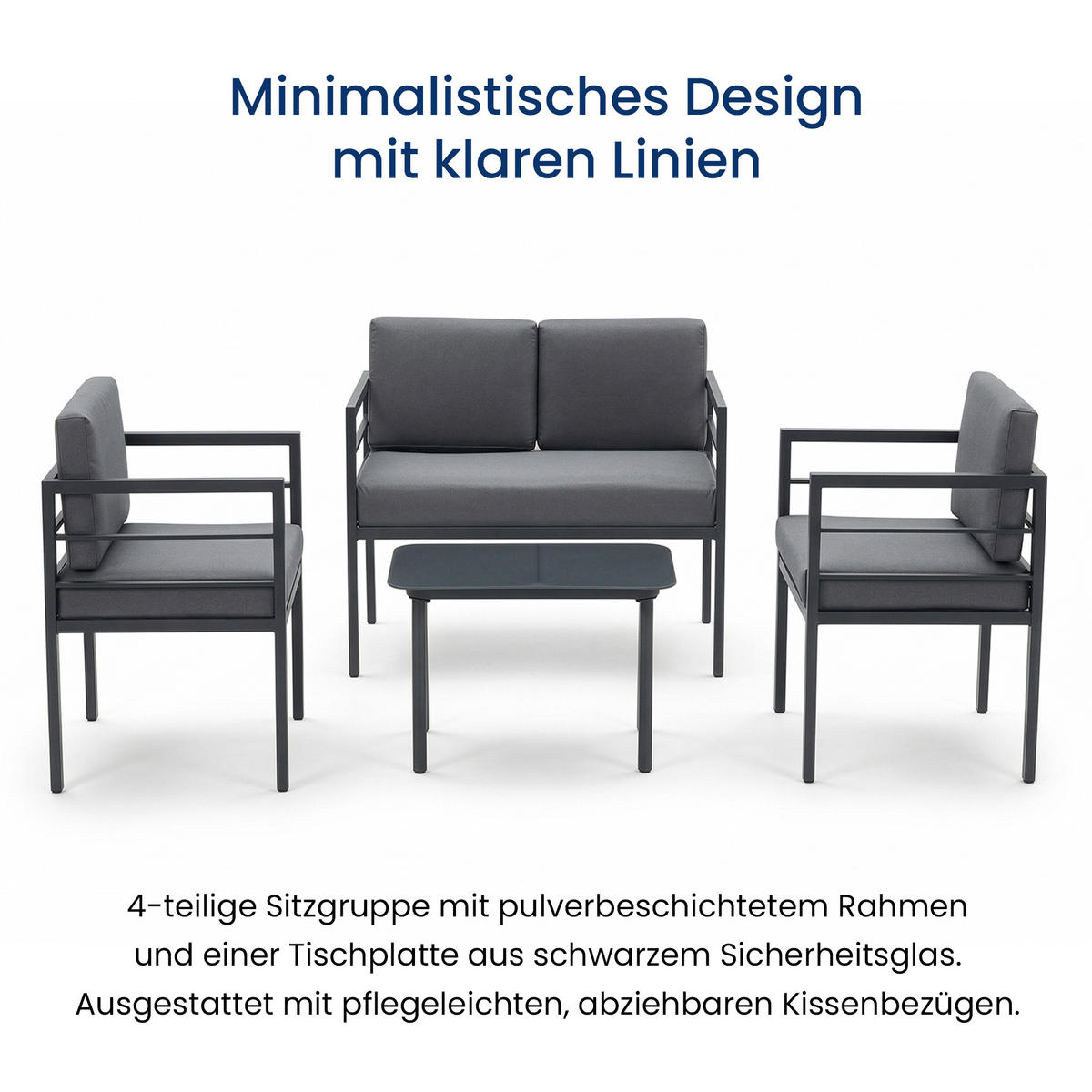 GARTENMÖBEL-SET mit 1 Zweisitzer. 2 Einzelstühlen und 1 Couchtisch. Anthrazit & Grau - Anthrazit, Metall - Home Collective
