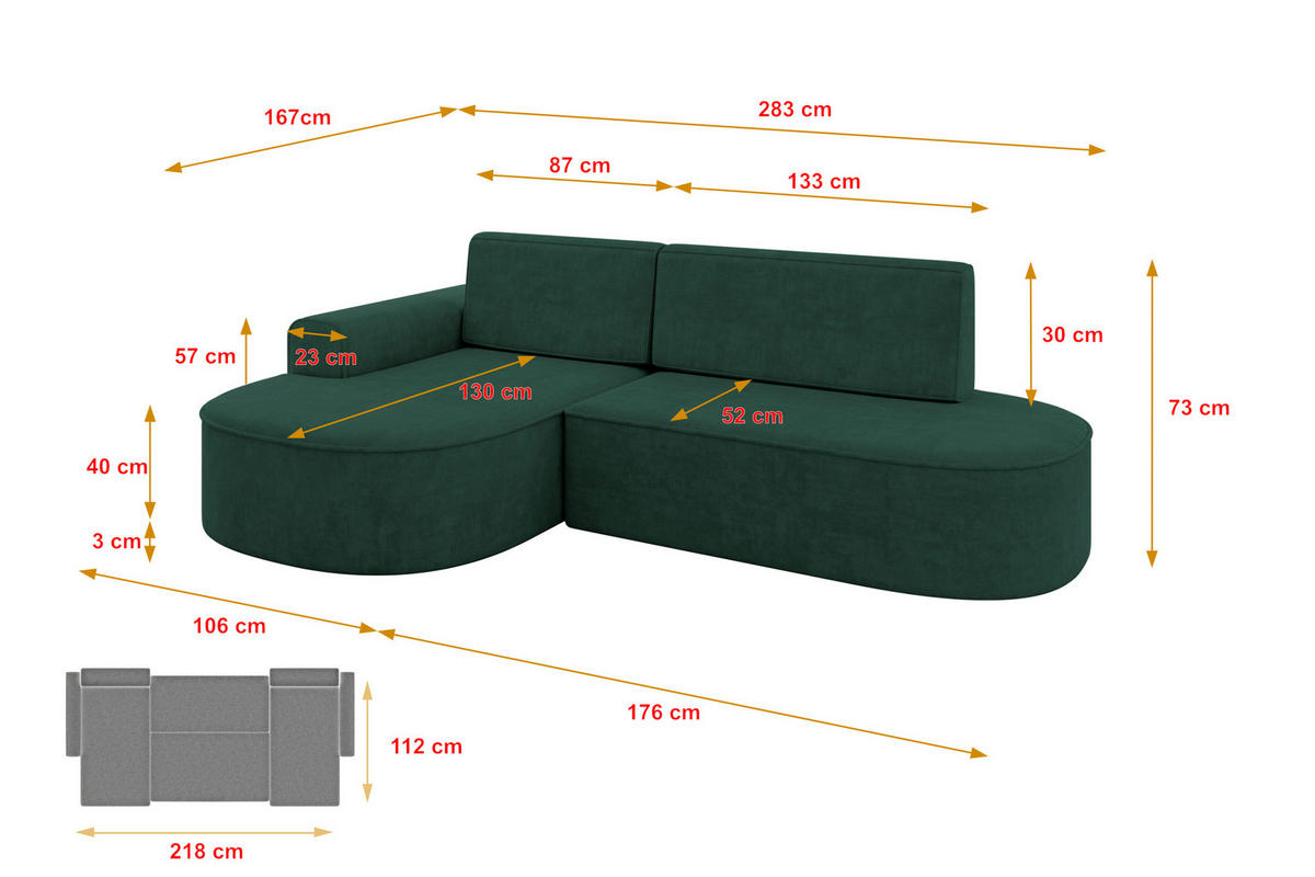 ECKSOFA mit Schlaffunktion und Bettkasten Ottomane Links MARI-L1-S - 283x167x73 cm Grün Velours - Waldgrün/Schwarz, Holzwerkstoff/Kunststoff (283/167cm) - ALTDECOR