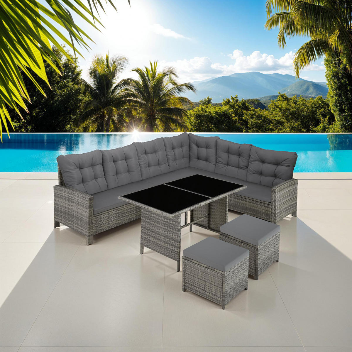 RATTANLOUNGE Barletta,mit Sicherheitsglasplatten,grau/beige - Beige/Grau, Kunststoff - tectake