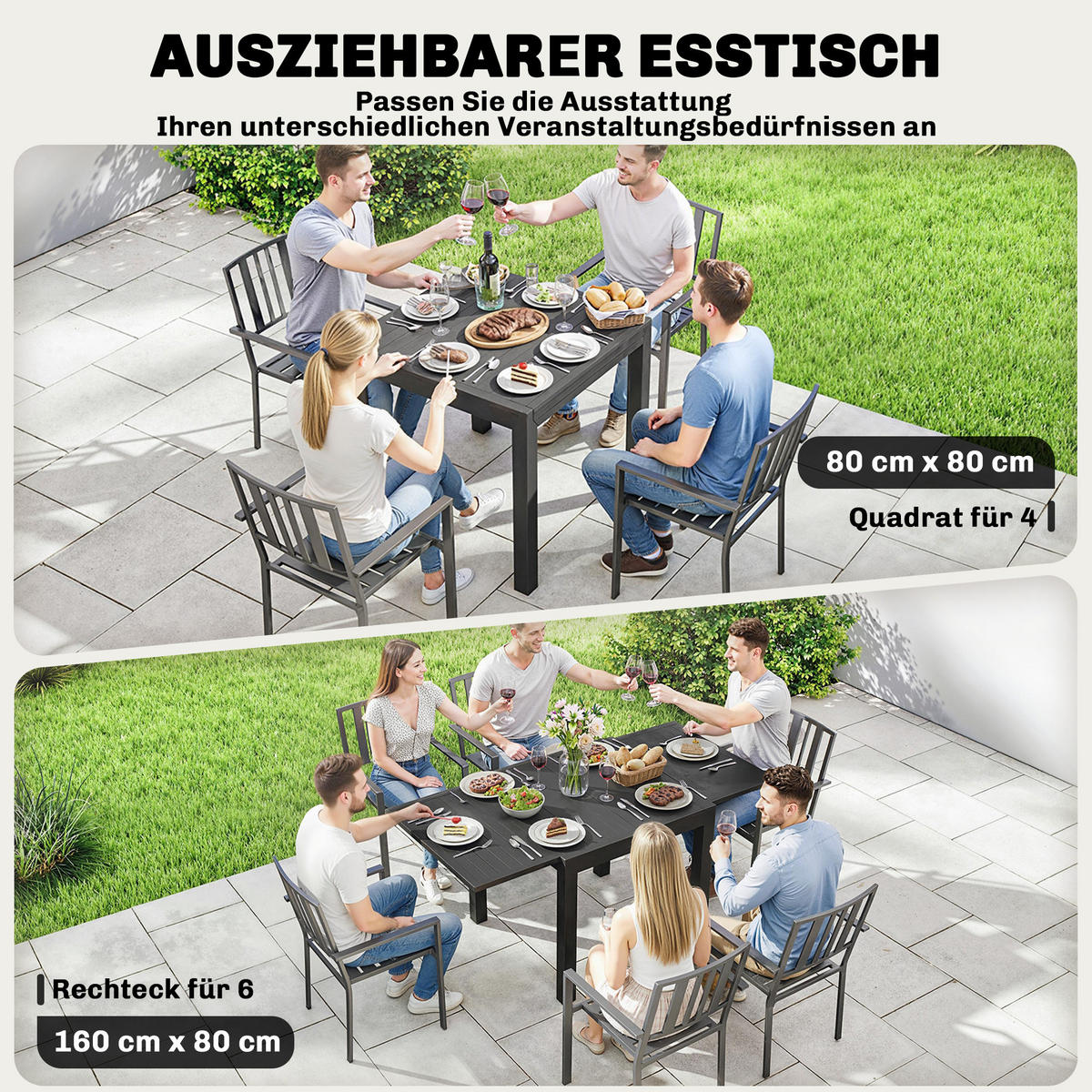 AUSZIEHBARER-GARTENTISCH Aluminium Schwarz - Schwarz, Metall (160/80/75cm) - Outsunny