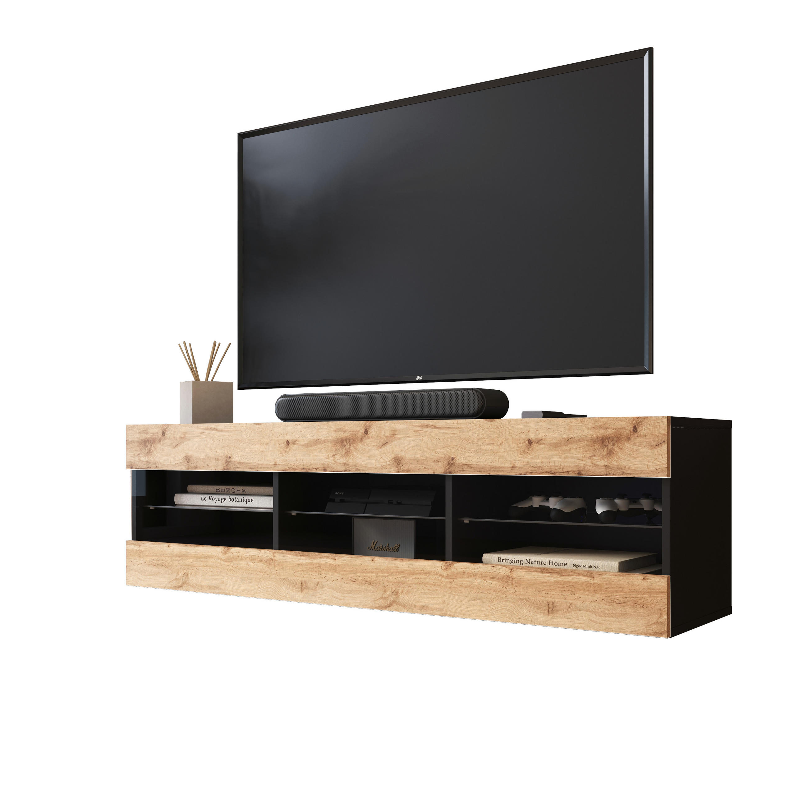 LOWBOARD TIVOLI RTV 140, Wotan - Eiche Wotan/Schwarz, Glas/Holzwerkstoff (140/40.5/35.5cm) - Komodee