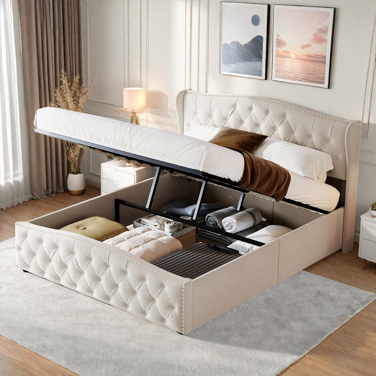 POLSTERBETT 160/200 cm Beige mit Bettkasten und Lattenrost - Beige, Holz (160/200cm) - SHOPENTRA