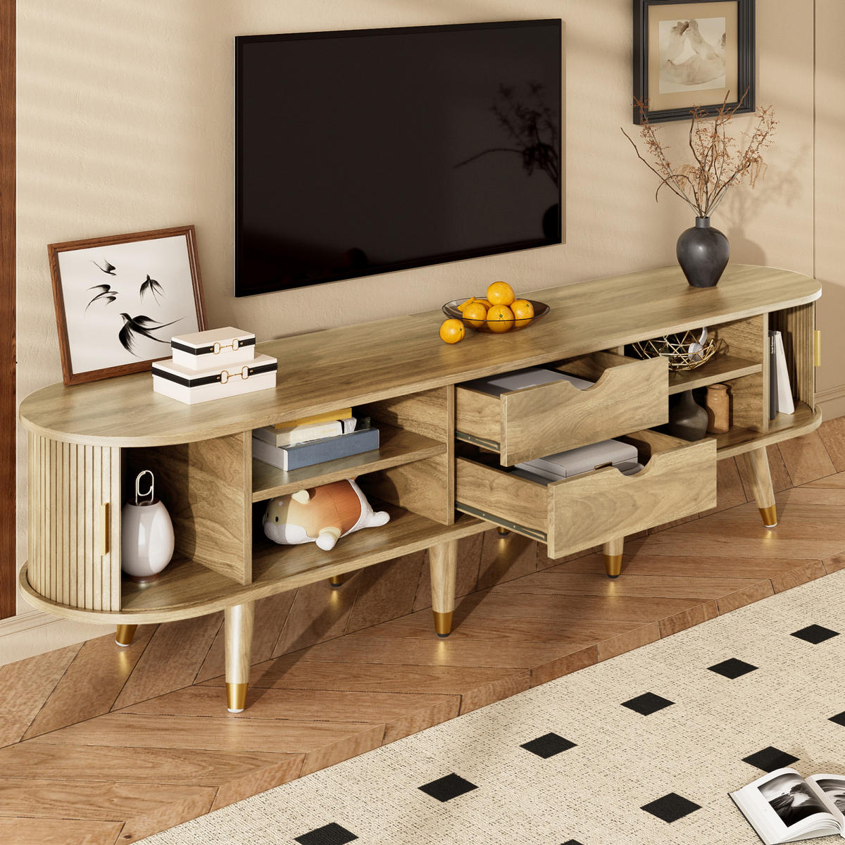 TV Lowboard 2 Schiebetüren, 2 Schubladen, Eiche - Braun, Holz (175/45/38cm)