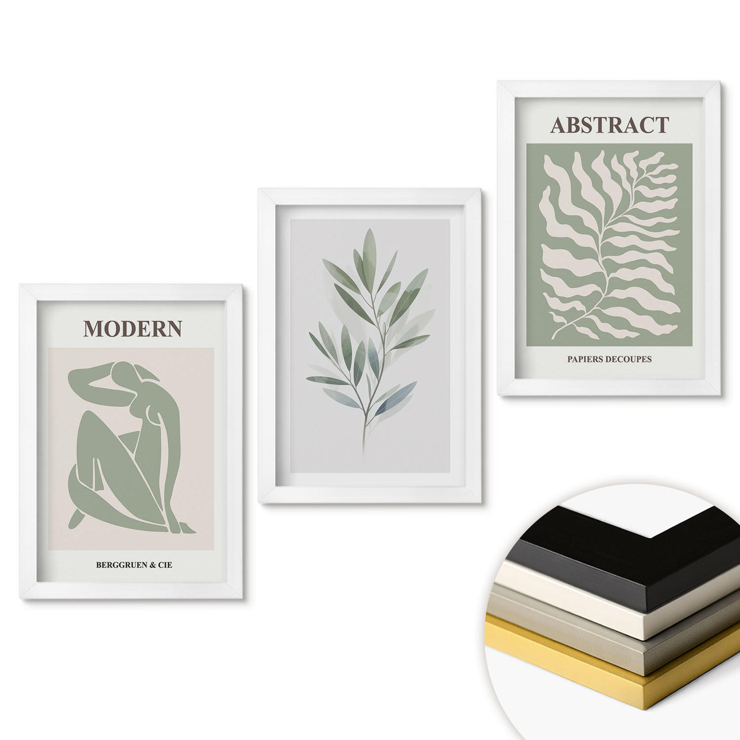 WANDBILDER 3er-Set - 20x30 cm Weißer Rahmen - Matisse Aquarell Boho-Design - Weiß, Kunststoff (20/30cm) - ArtPrintCave