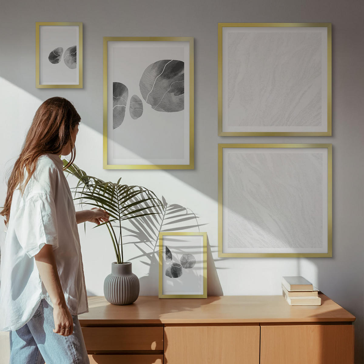 BILDER SET 5er Set - 50x50 cm & 20x30 cm & 40x60 cm Goldrahmen - Abstrakte Kunst, Farbspritzer - Goldfarben, Kunststoff (40/60cm) - TULUP