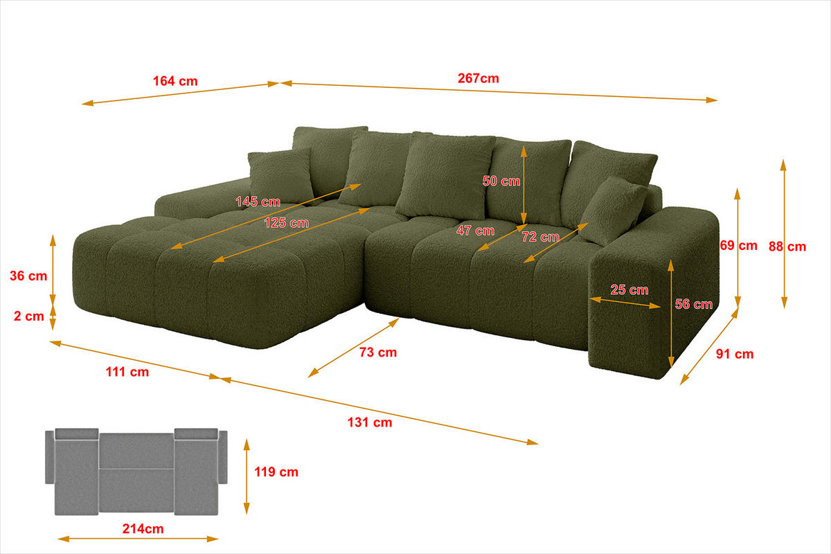 ECKSOFA Ottomane Links ENSI-L - 267x164x88 cm Olivgrün - Olivgrün, Holzwerkstoff/Kunststoff (267/164cm) - ALTDECOR