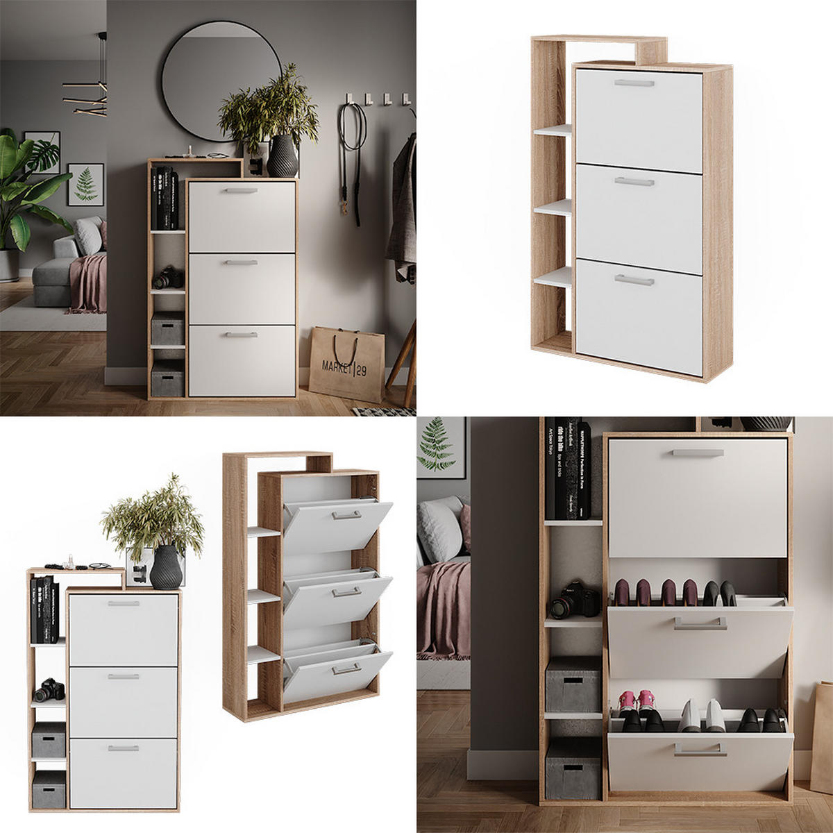 SCHUHKOMMODE Orlando Sonoma 80 x 128.3 cm mit 3 Fächern - Weiß/Sonoma Eiche, Holzwerkstoff (80/128.3/24.2cm) - Vicco