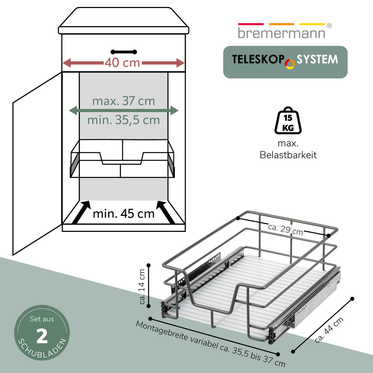 TELESKOPSCHUBLADEN (2er Set), für 40 cm Schrank, Metall, Grau - Chromfarben, Metall (37/14/44cm) - bremermann