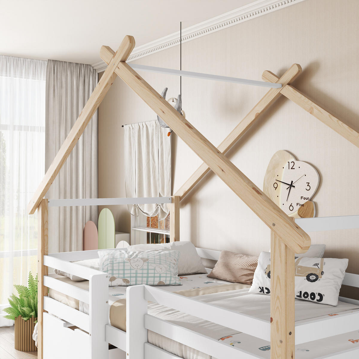 HAUSBETT 90/200 cm mit Dach und Stauraum in Weiß und Natur aus Kiefer + MDF - Weiß, Holzwerkstoff (90/200cm) - OKWISH