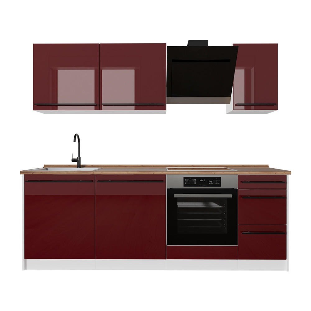 KÜCHENZEILE R-Line, Rot Hochglanz/Weiß, 220 cm Arbeitsplatte Goldkraft Eiche - Rot/Weiß, Holzwerkstoff (220/81.6/60cm) - Vicco