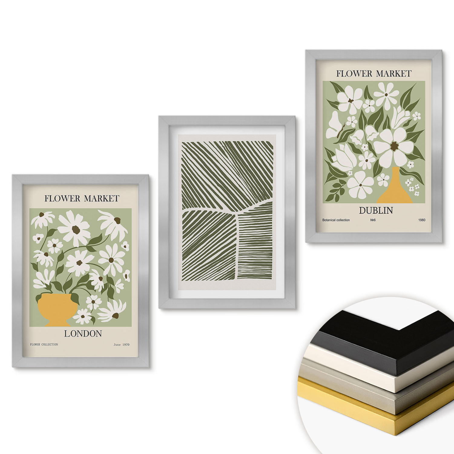 WANDBILDER 3er Set - 20x30 cm Silberner Rahmen - Blumenmuster London Dublin - Silberfarben, Kunststoff (20/30cm) - ArtPrintCave