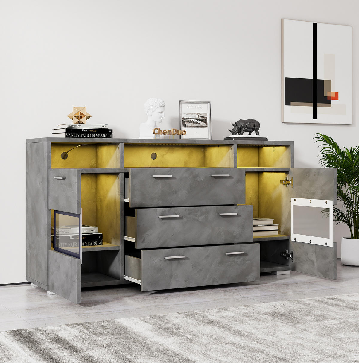 SIDEBOARD aus Spanplatte 140x33,5x72,5 cm Grau mit LED-Beleuchtung, Acryltüren und viel Stauraum - Grau, Holzwerkstoff (140/72.5/33.5cm) - Modfu