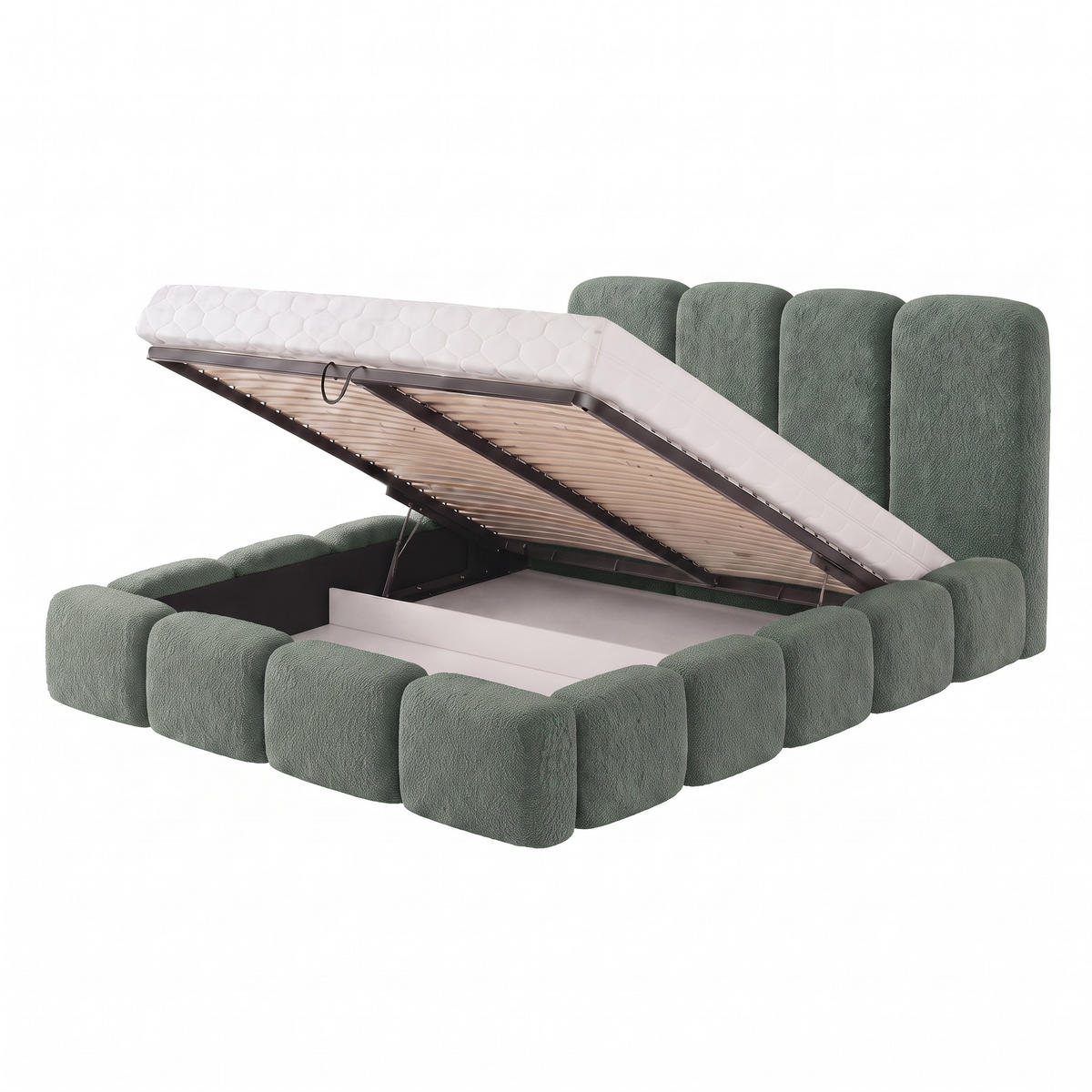 POLSTERBETT SUENO MAXI 160x200 cm in Grün, gepolstertes Kopfteil, Metalllattenrost, Bettkasten, Bouclé-Stoff - Naturfarben/Grün, Holz/Textil (160/200cm) - Muffo