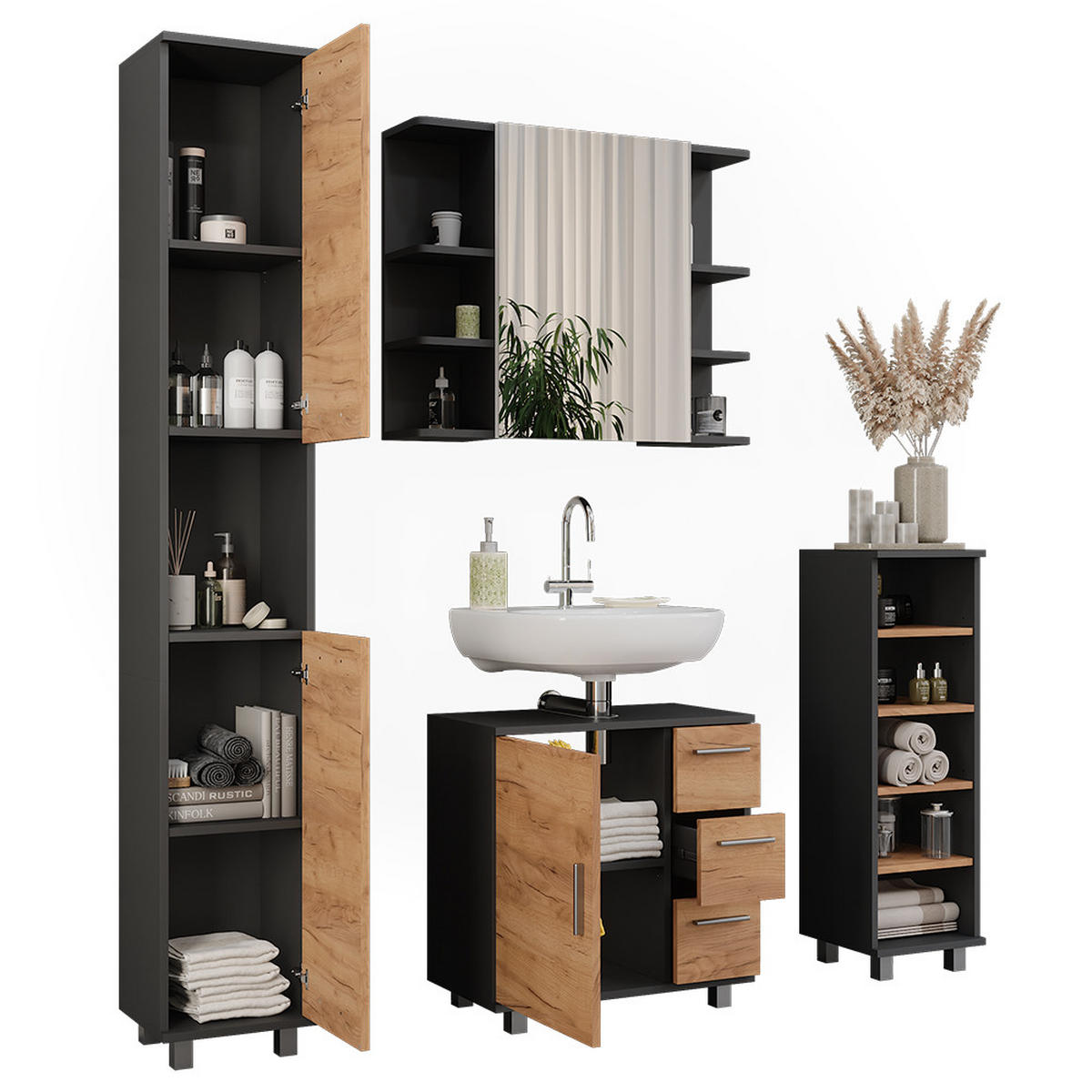 BADMÖBEL-SET Ilias Anthrazit/Goldkraft Eiche 4 Teile - Honigeiche/Anthrazit, Holzwerkstoff (60.2/60.8/33cm) - Vicco