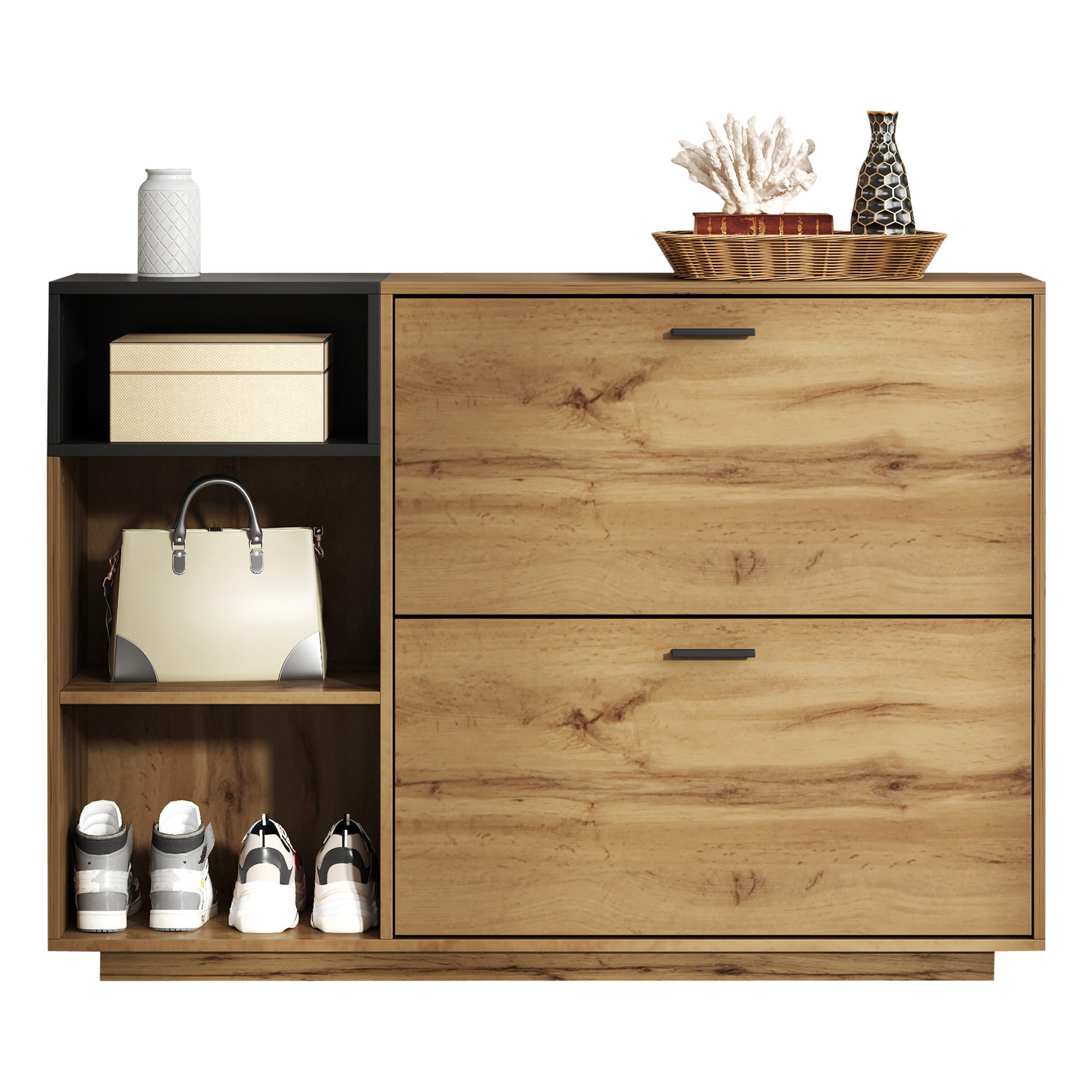 SCHUHSCHRANK MDF 3 offene Fächer 2 Klappfächer Weiß Schwarz - Naturfarben, Holzwerkstoff (120/84.5/32cm) - FLIEKS
