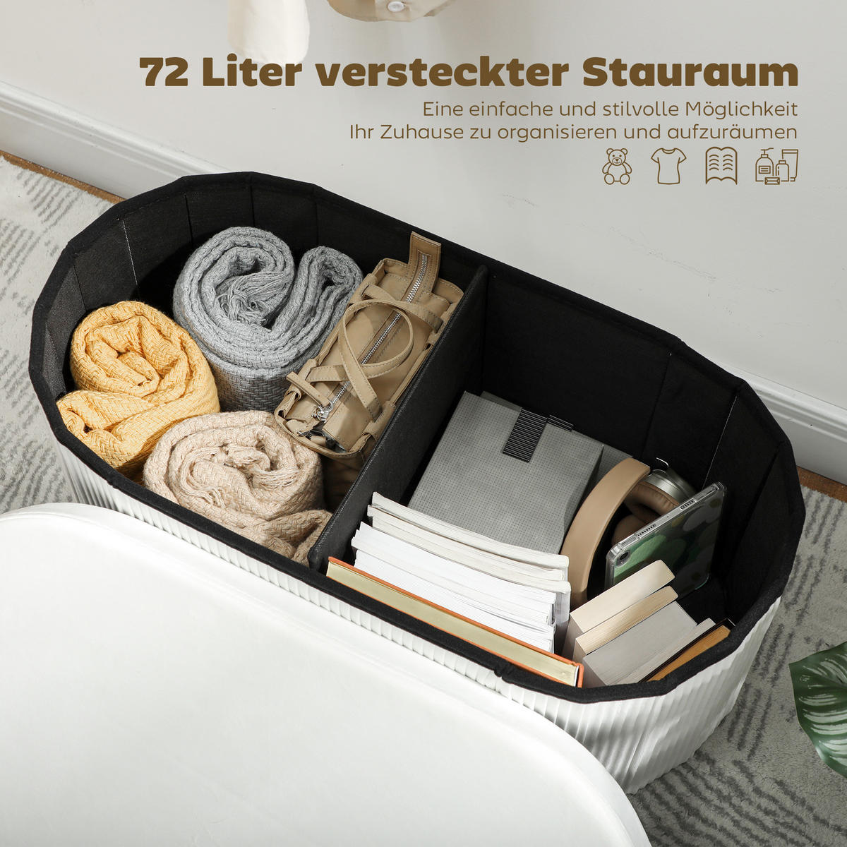 TRUHENBANK DE-07216 klappbar mit Samt-Optik Creme - Creme, Textil (38/35/76cm) - ComfortXL