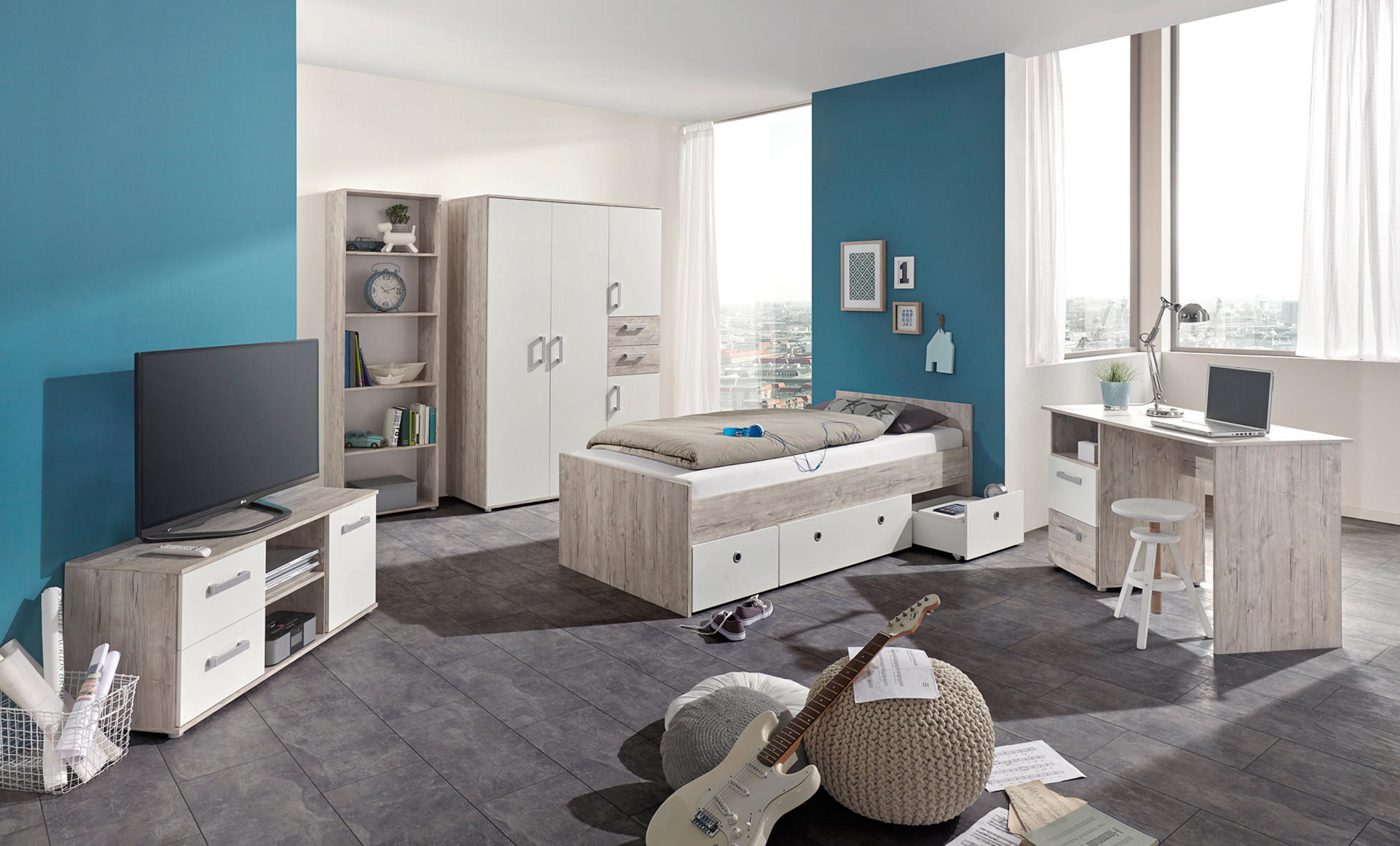 JUGENDZIMMER Mega-Set Bente 5-tlg. - Eichefarben/Silberfarben, Holzwerkstoff/Kunststoff (1/1/1cm) - arthur berndt