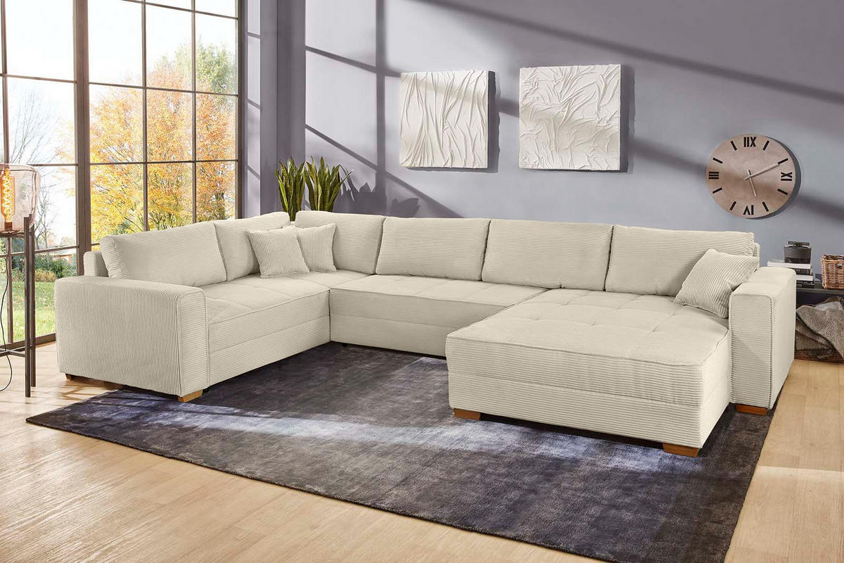 WOHNLANDSCHAFT Schlaffunktion Bettkasten Wellenunterfederung, spiegelverkehrt montierbar U-Form B379/T227/H86 cm, Cord Beige Grau / 15200 - Greige/Eichefarben, Holz/Textil (379/86/227cm) - luma-home