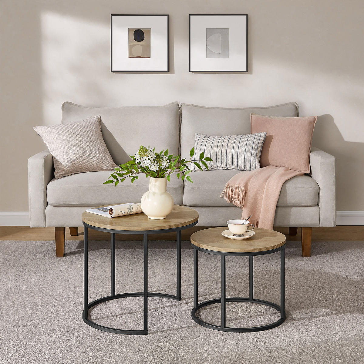 COUCHTISCH 2er Set rund - Sonoma Eiche, Holzwerkstoff/Metall (53/53/45cm) - Mat-Haus