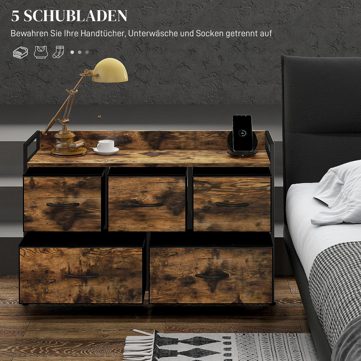 KOMMODE mit 5 Schubladen aus Stoff Kommodenschrank mit Stahlgestell Braun - Braun, Textil (29/63/98cm) - HOMCOM