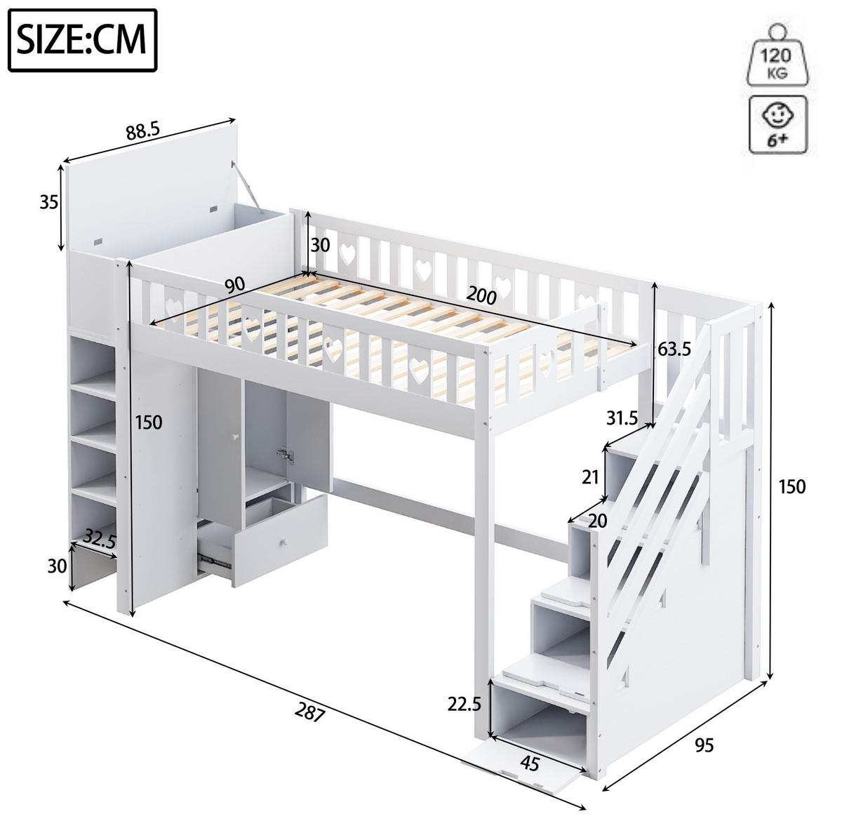 HOCHBETT 90/200 cm mit Stauraumleiter, Regalen, klappbarem Stauschrank und herzförmigem Geländer, Weiß - Weiß, Holzwerkstoff (90/200cm) - Redom