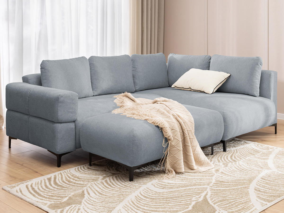 ECKSOFA inkl. Hocker Cardea mit Schlaffunktion in Bubble-Optik aus weichem Grau Strukturstoff und hohem Sitzkomfort - Ottomane rechts - Schwarz/Grau, Holz/Textil (230/170cm) - S-Style Möbel