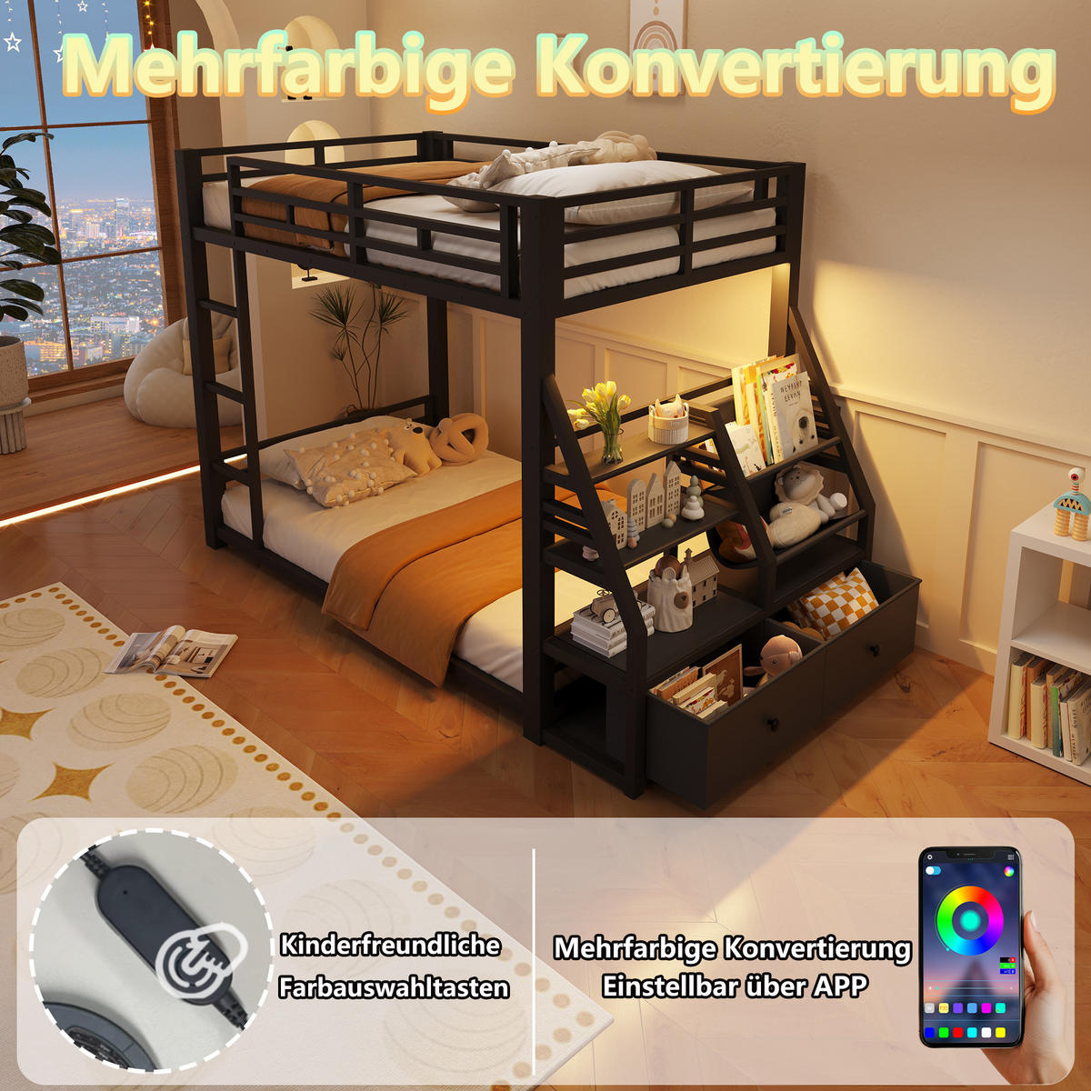 ETAGENBETT 90/200 cm & 90/200 cm in Schwarz mit 2 Stoffschubladen, LED und Ablagen - Schwarz, Holzwerkstoff/Metall (90/200cm) - STILVORA