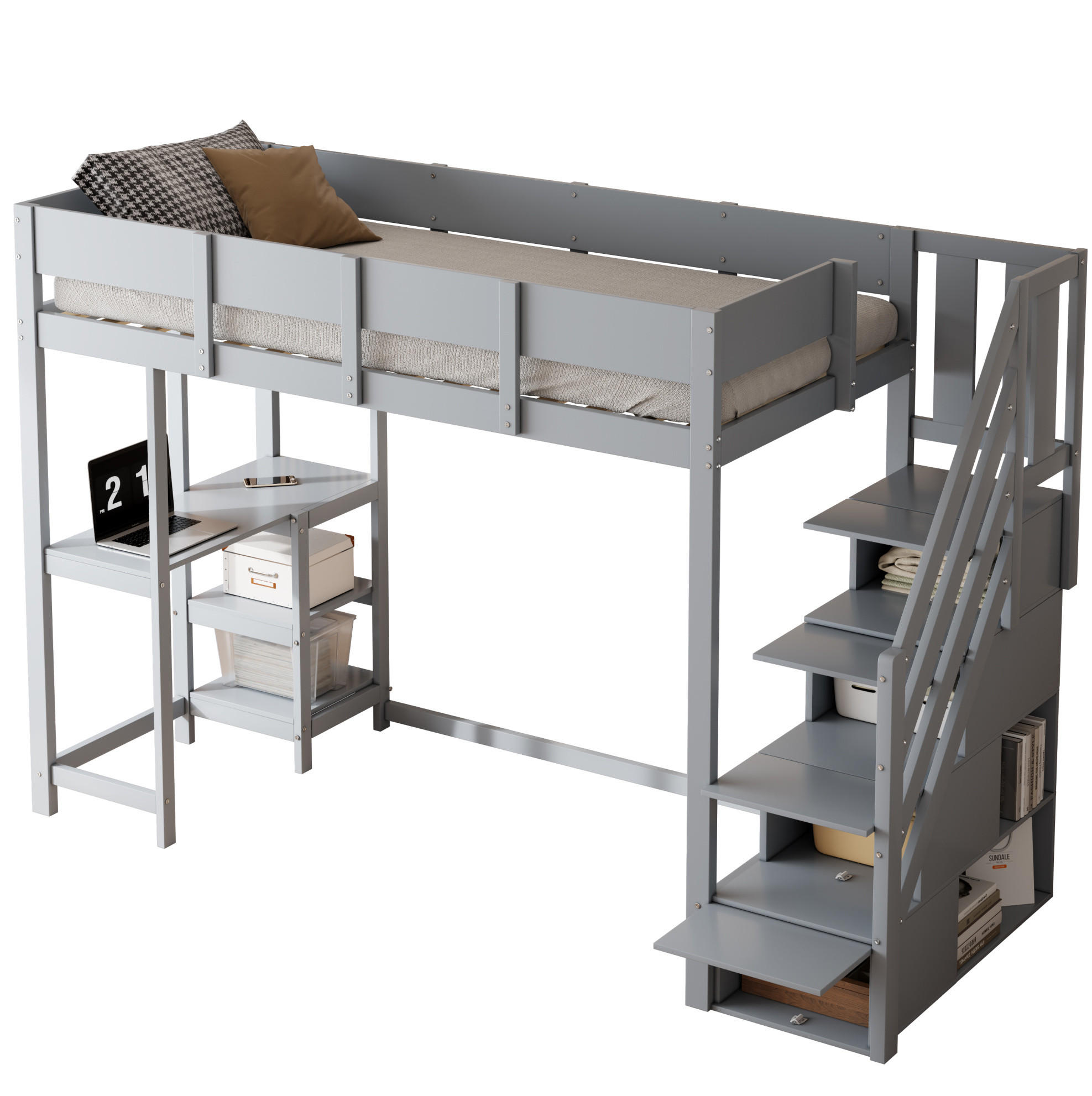 HOCHBETT 90/200 cm in Grau aus Kiefernholz – mit Stauraumtreppe und Rausfallschutz - Grau, Holz (90/200cm) - BEAOK