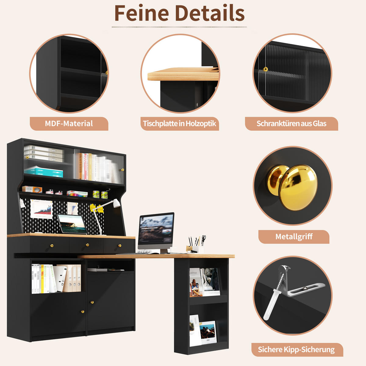 BUFFET LED Glas Türen Schwarz - Schwarz, Glas (137/177.7/74cm) - FLIEKS