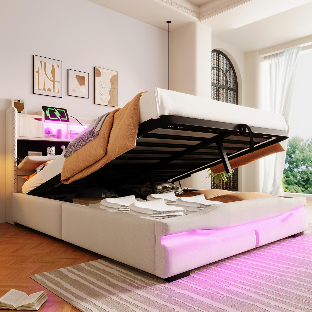 POLSTERBETT 140/200 cm Beige mit USB- und Type-C-Anschlüssen und LED-Beleuchtung - Beige, Textil (140/200cm) - OKWISH