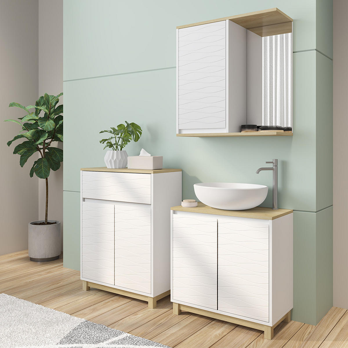 BADMÖBEL-SET Livia Weiß/Eiche 3 Teile, mit Midischrank - Eichefarben/Weiß, Holzwerkstoff (60/60/30cm) - Vicco