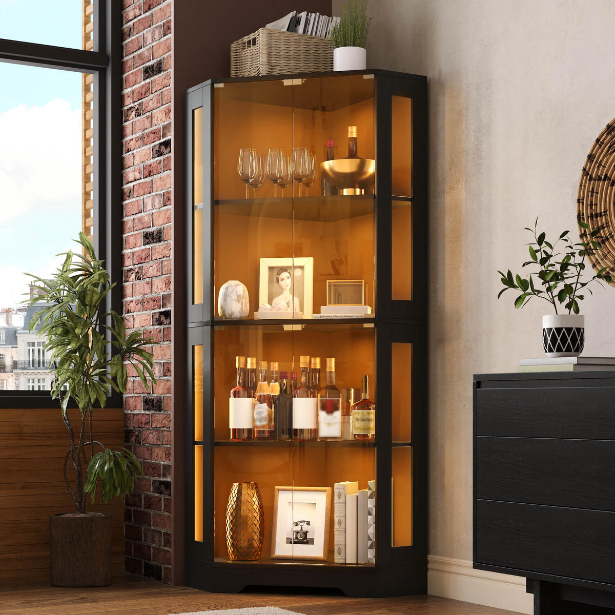 GESCHIRRSCHRANK 165 cm MDF Schwarz mit RGB-LED und Glastüren - Schwarz, Holzwerkstoff (40/165/40cm) - Korfee