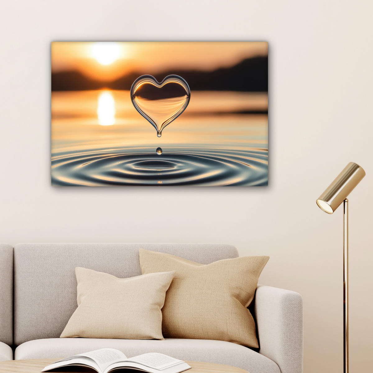 LEINWANDBILD - Herz - Wasser - Sonnenuntergang - Natur - Zen - 60x40 - Wanddeko Schlafzimmer - Bernsteinfarben, Textil (60/40cm) - MuchoWow